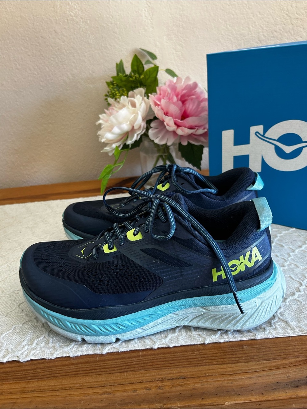Hoka One One Stinson ATR 6 Women's Navy, Light Blue,Neon Yellow Running Shoes - Picture 8 of 16